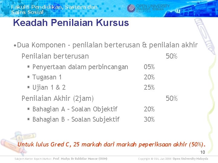 Fakulti Pendidikan, Sastera dan Sains Sosial Keadah Penilaian Kursus • Dua Komponen – penilaian Fakulti Pendidikan, Sastera dan Sains Sosial Keadah Penilaian Kursus • Dua Komponen – penilaian