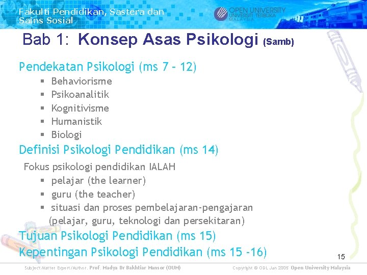 Fakulti Pendidikan, Sastera dan Sains Sosial Bab 1: Konsep Asas Psikologi (Samb) Pendekatan Psikologi Fakulti Pendidikan, Sastera dan Sains Sosial Bab 1: Konsep Asas Psikologi (Samb) Pendekatan Psikologi