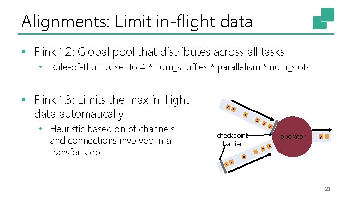 Alignments: Limit in-flight data § Flink 1. 2: Global pool that distributes across all