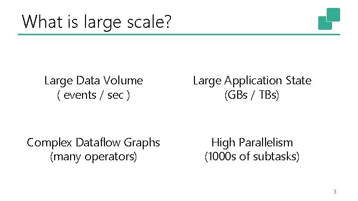 What is large scale? Large Data Volume ( events / sec ) Large Application