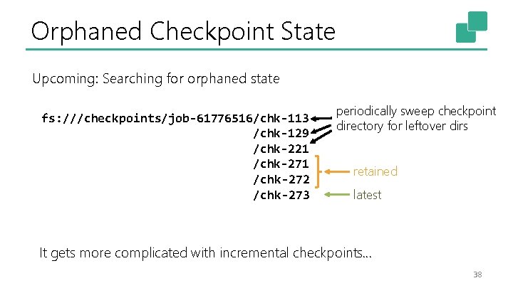 Orphaned Checkpoint State Upcoming: Searching for orphaned state fs: ///checkpoints/job-61776516/chk-113 /chk-129 /chk-221 /chk-272 /chk-273