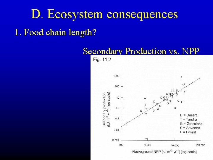 D. Ecosystem consequences 1. Food chain length? Secondary Production vs. NPP 