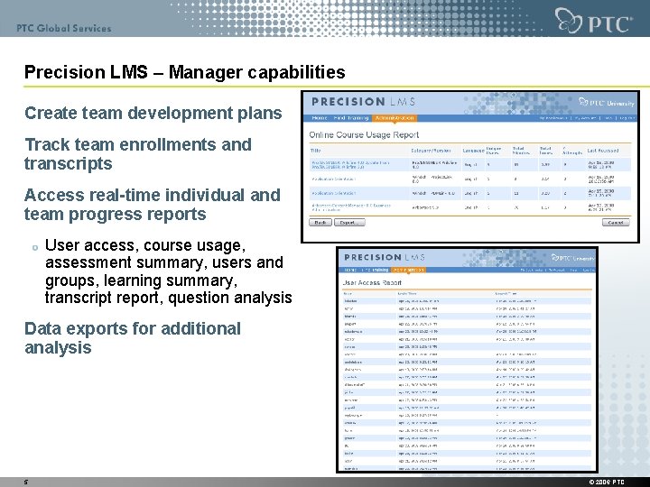 Precision LMS – Manager capabilities Create team development plans Track team enrollments and transcripts