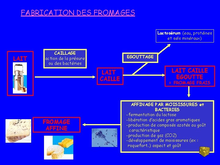 FABRICATION DES FROMAGES Lactosérum (eau, protéines et sels minéraux) LAIT CAILLAGE action de la