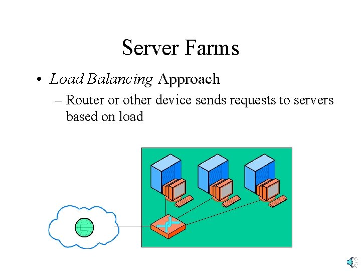Server Farms • Load Balancing Approach – Router or other device sends requests to