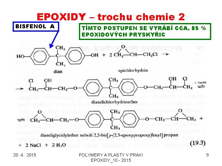 EPOXIDY – trochu chemie 2 BISFENOL A 20. 4. 2015 TÍMTO POSTUPEN SE VYRÁBÍ