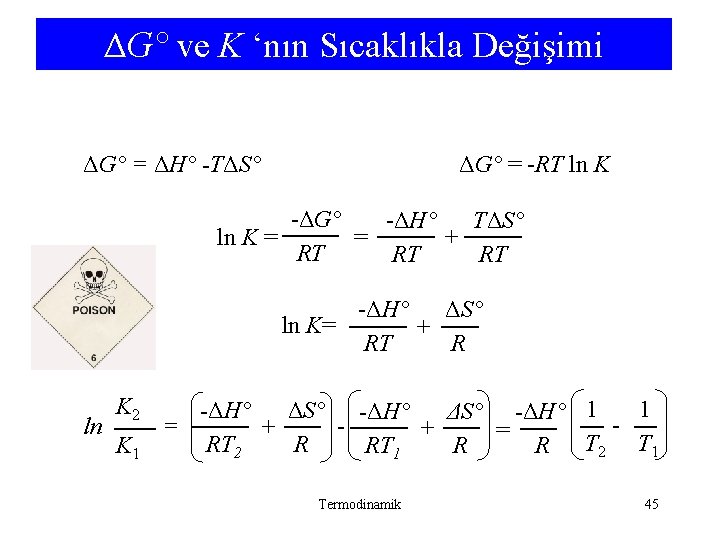 ΔG° ve K ‘nın Sıcaklıkla Değişimi ΔG° = ΔH° -TΔS° ΔG° = -RT ln ΔG° ve K ‘nın Sıcaklıkla Değişimi ΔG° = ΔH° -TΔS° ΔG° = -RT ln