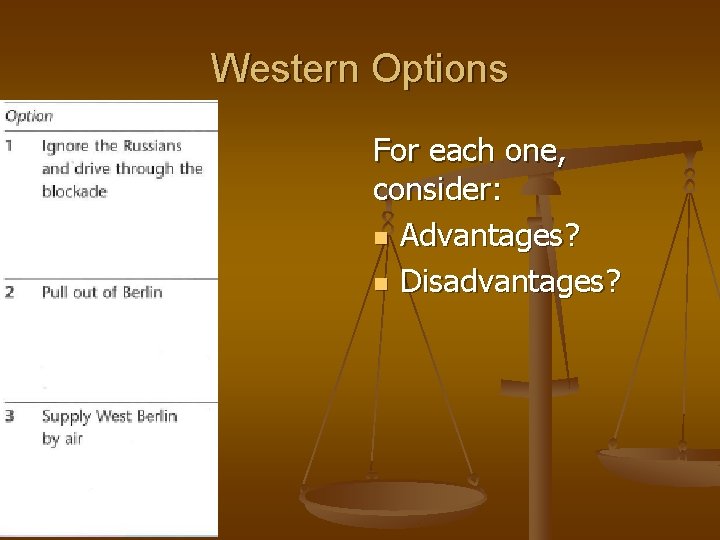 Western Options For each one, consider: n Advantages? n Disadvantages? 