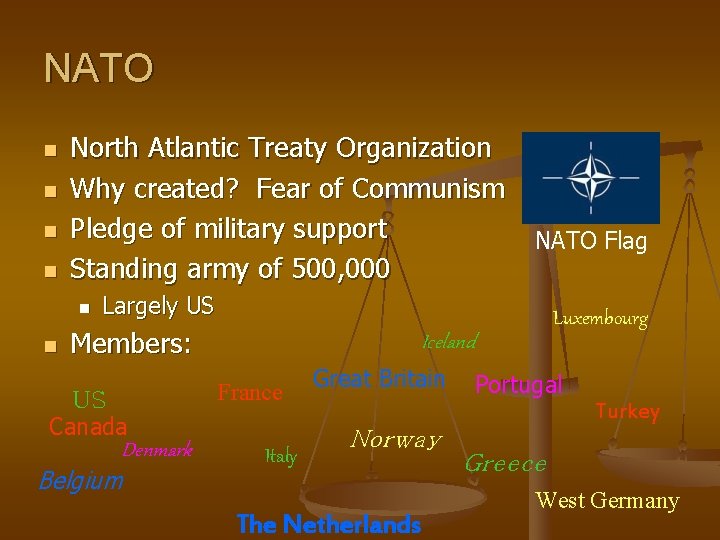 NATO n n North Atlantic Treaty Organization Why created? Fear of Communism Pledge of
