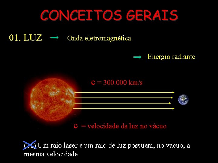 CONCEITOS GERAIS 01. LUZ Onda eletromagnética Energia radiante c = 300. 000 km/s c