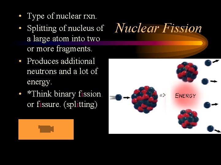  • Type of nuclear rxn. • Splitting of nucleus of a large atom