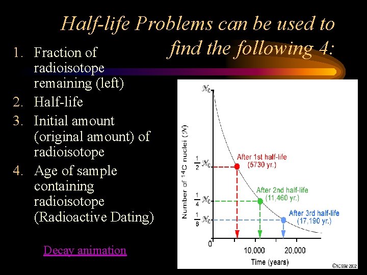 1. Half-life Problems can be used to find the following 4: Fraction of radioisotope