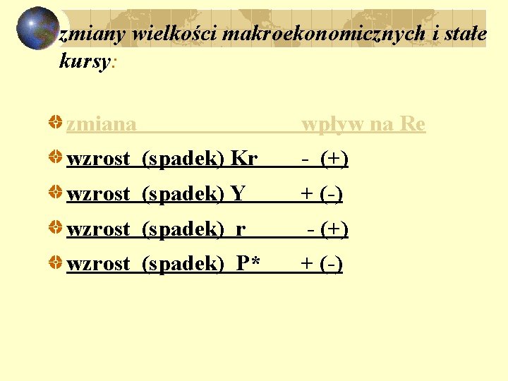 zmiany wielkości makroekonomicznych i stałe kursy: zmiana wpływ na Re wzrost (spadek) Kr -