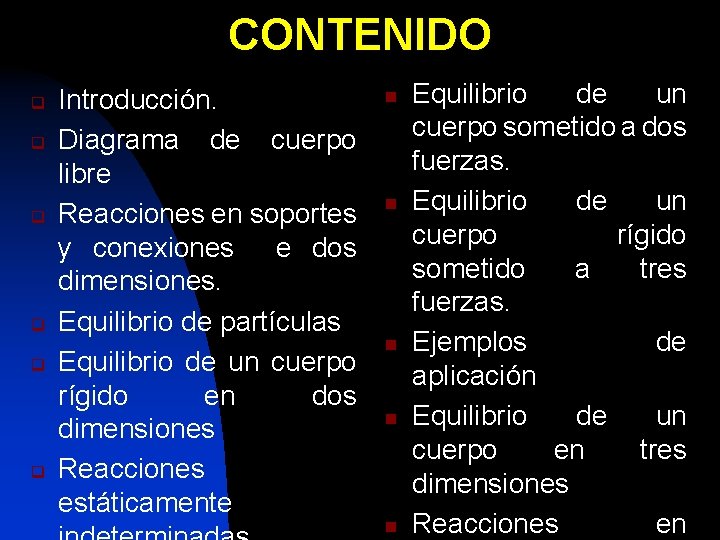 CONTENIDO q q q Introducción. Diagrama de cuerpo libre Reacciones en soportes y conexiones
