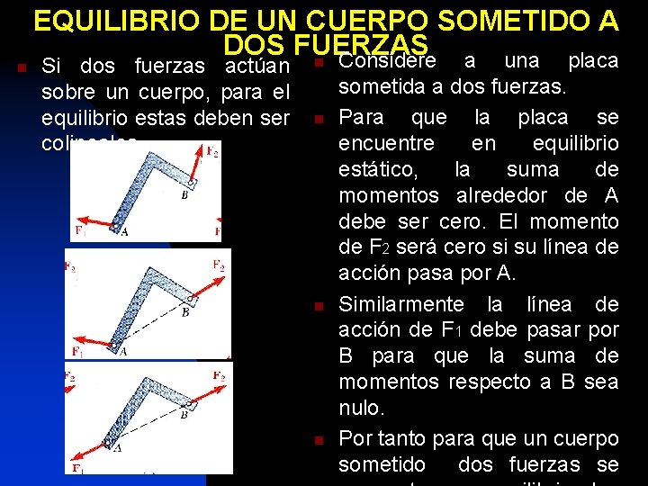 n EQUILIBRIO DE UN CUERPO SOMETIDO A DOS FUERZAS n Considere a una placa