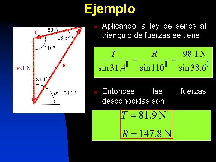 Ejemplo n n Aplicando la ley de senos al triangulo de fuerzas se tiene