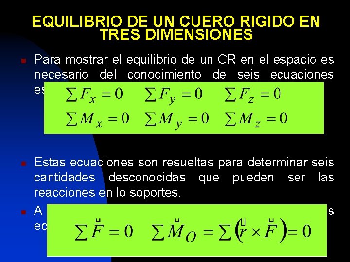 EQUILIBRIO DE UN CUERO RIGIDO EN TRES DIMENSIONES n n n Para mostrar el