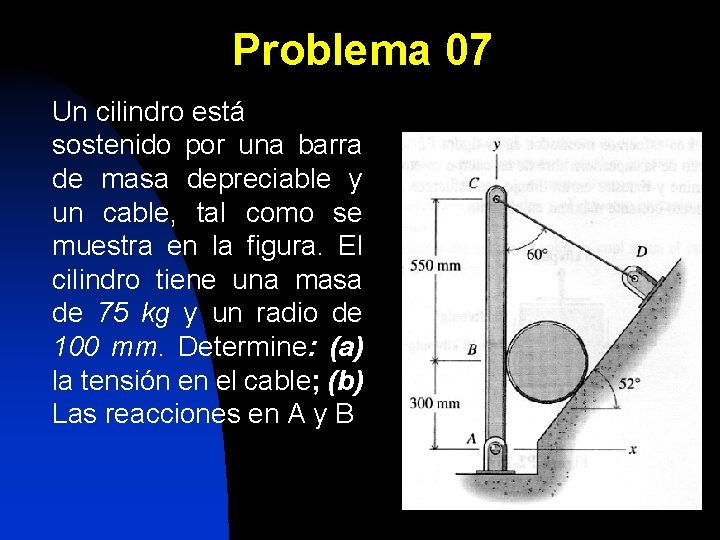 Problema 07 Un cilindro está sostenido por una barra de masa depreciable y un