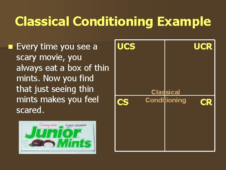 Classical Conditioning Example n UCS Every time you see a scary movie, you always