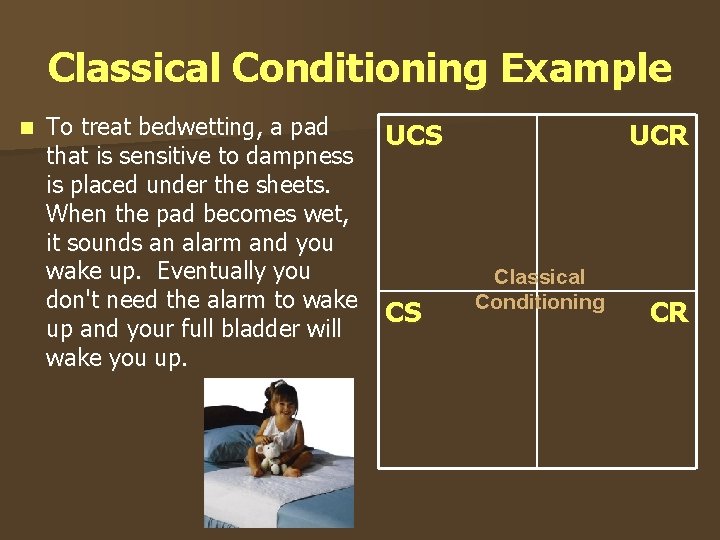 Classical Conditioning Example n To treat bedwetting, a pad UCS that is sensitive to