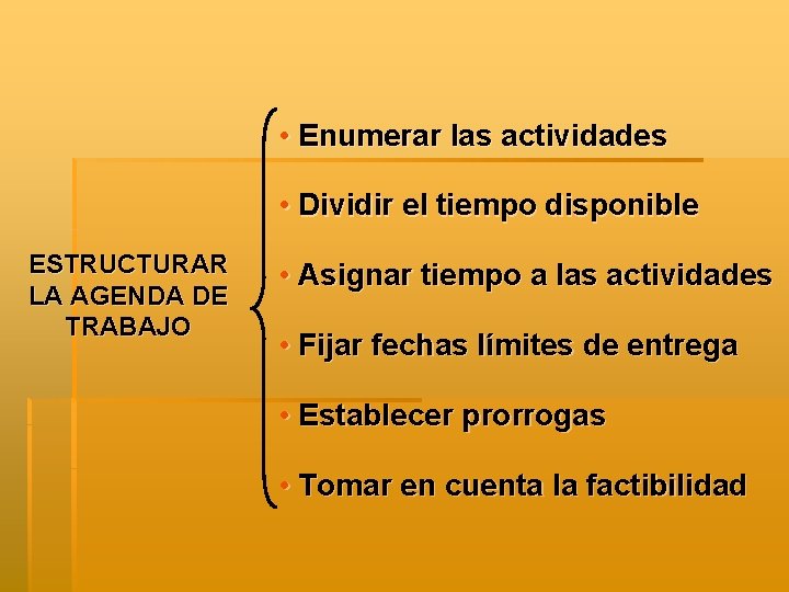  • Enumerar las actividades • Dividir el tiempo disponible ESTRUCTURAR LA AGENDA DE