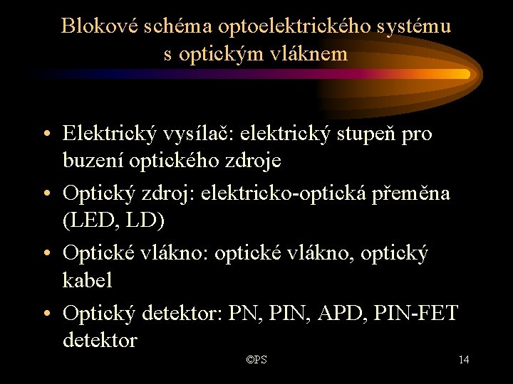 Blokové schéma optoelektrického systému s optickým vláknem • Elektrický vysílač: elektrický stupeň pro buzení Blokové schéma optoelektrického systému s optickým vláknem • Elektrický vysílač: elektrický stupeň pro buzení