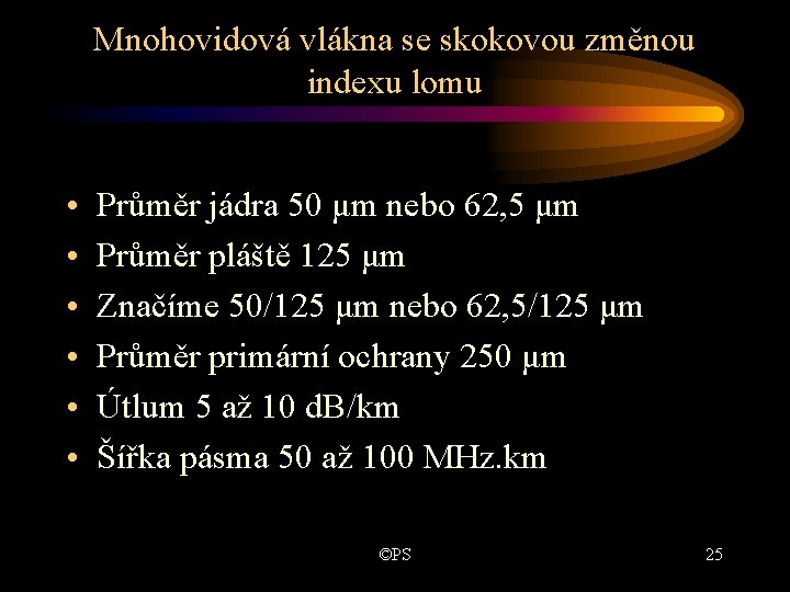 Mnohovidová vlákna se skokovou změnou indexu lomu • • • Průměr jádra 50 μm Mnohovidová vlákna se skokovou změnou indexu lomu • • • Průměr jádra 50 μm