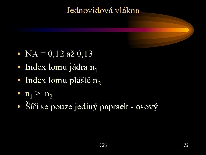 Jednovidová vlákna • • • NA = 0, 12 až 0, 13 Index lomu Jednovidová vlákna • • • NA = 0, 12 až 0, 13 Index lomu
