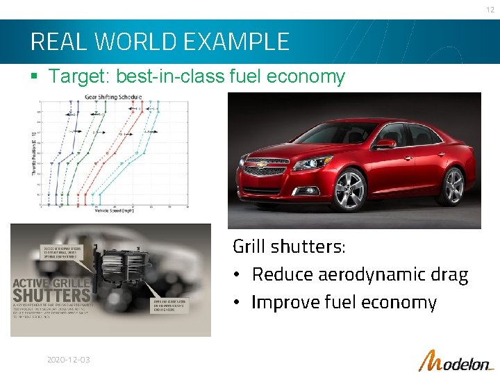12 REAL WORLD EXAMPLE § Target: best-in-class fuel economy Grill shutters: • Reduce aerodynamic
