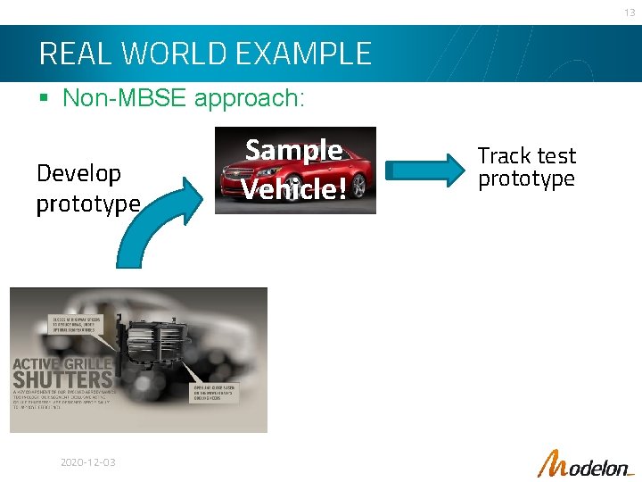 13 REAL WORLD EXAMPLE § Non-MBSE approach: Develop prototype 2020 -12 -03 Sample Vehicle!