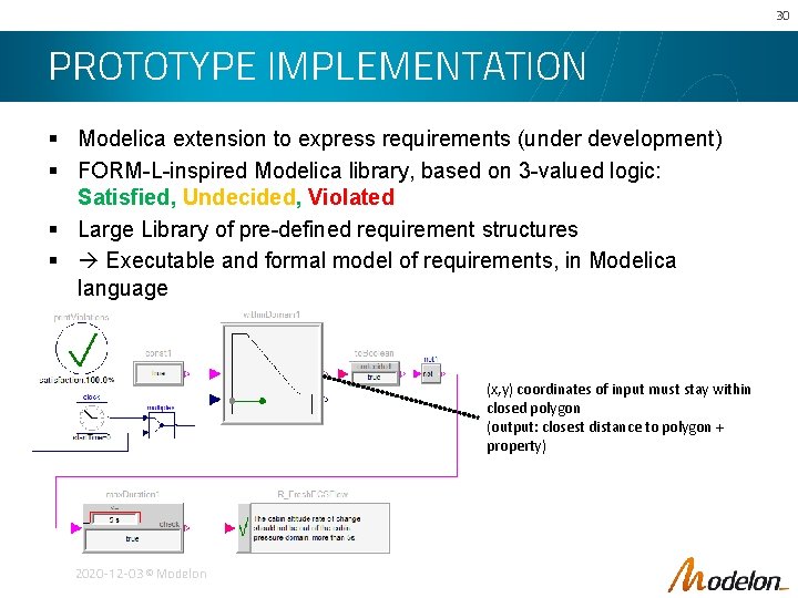 30 PROTOTYPE IMPLEMENTATION § Modelica extension to express requirements (under development) § FORM-L-inspired Modelica