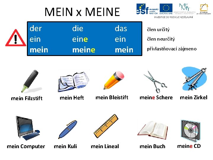 MEIN x MEINE der ein mein Filzstift mein Computer die eine mein Heft mein