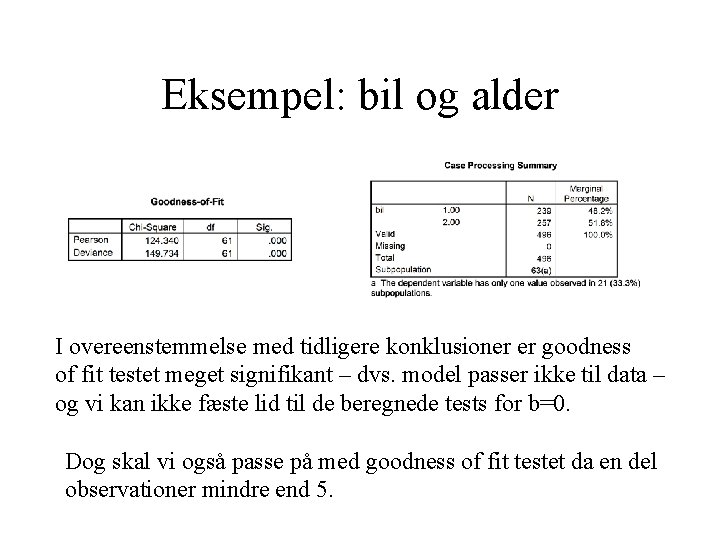 Eksempel: bil og alder I overeenstemmelse med tidligere konklusioner er goodness of fit testet