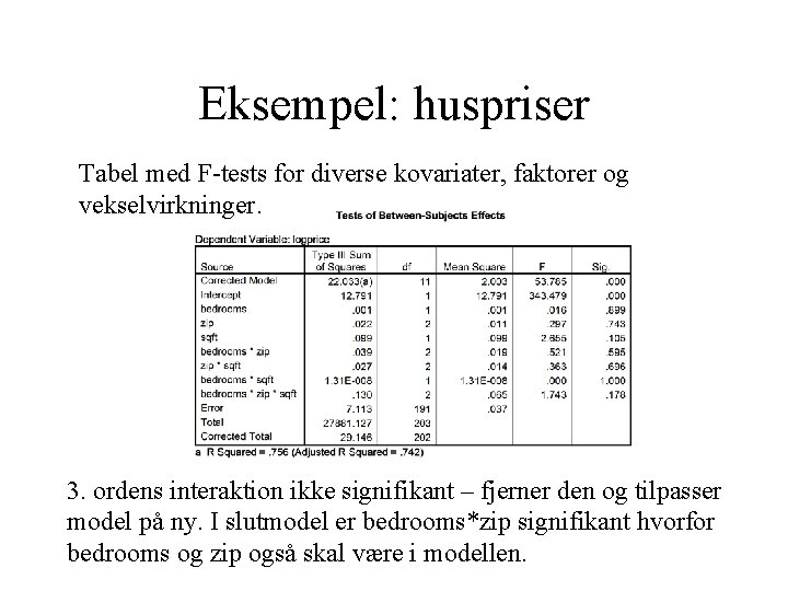 Eksempel: huspriser Tabel med F-tests for diverse kovariater, faktorer og vekselvirkninger. 3. ordens interaktion