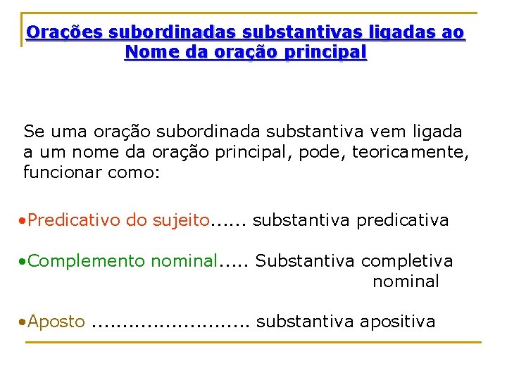 Orações subordinadas substantivas ligadas ao Nome da oração principal Se uma oração subordinada substantiva