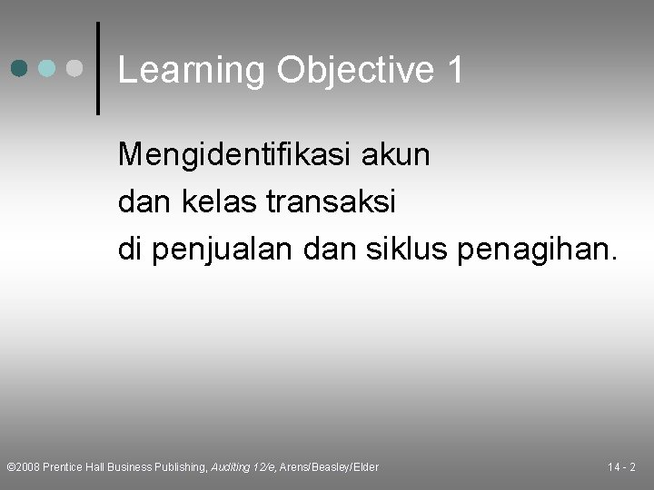 Learning Objective 1 Mengidentifikasi akun dan kelas transaksi di penjualan dan siklus penagihan. ©