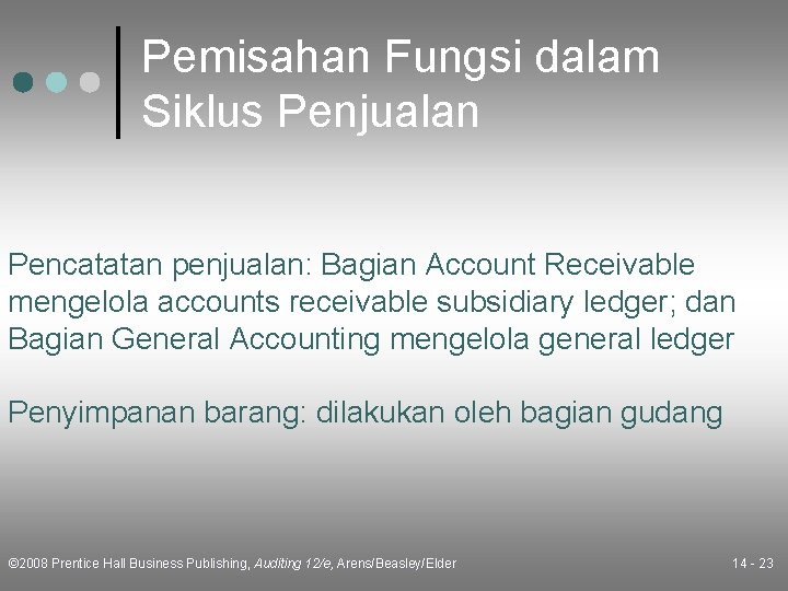 Pemisahan Fungsi dalam Siklus Penjualan Pencatatan penjualan: Bagian Account Receivable mengelola accounts receivable subsidiary