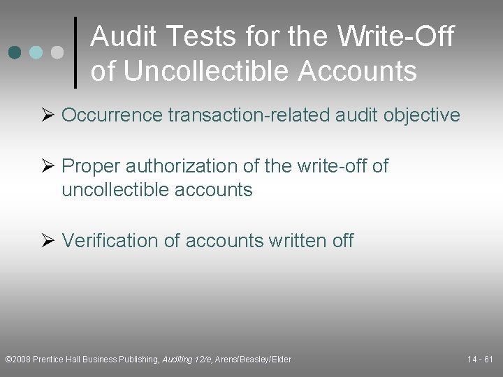 Audit Tests for the Write-Off of Uncollectible Accounts Ø Occurrence transaction-related audit objective Ø