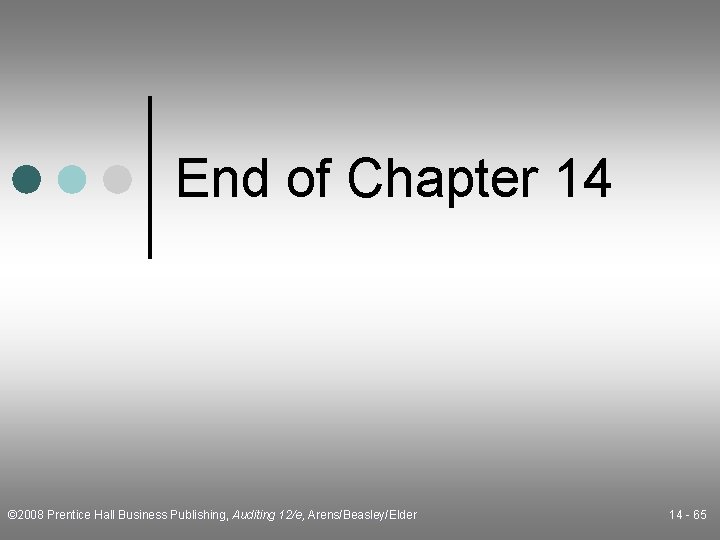 End of Chapter 14 © 2008 Prentice Hall Business Publishing, Auditing 12/e, Arens/Beasley/Elder 14