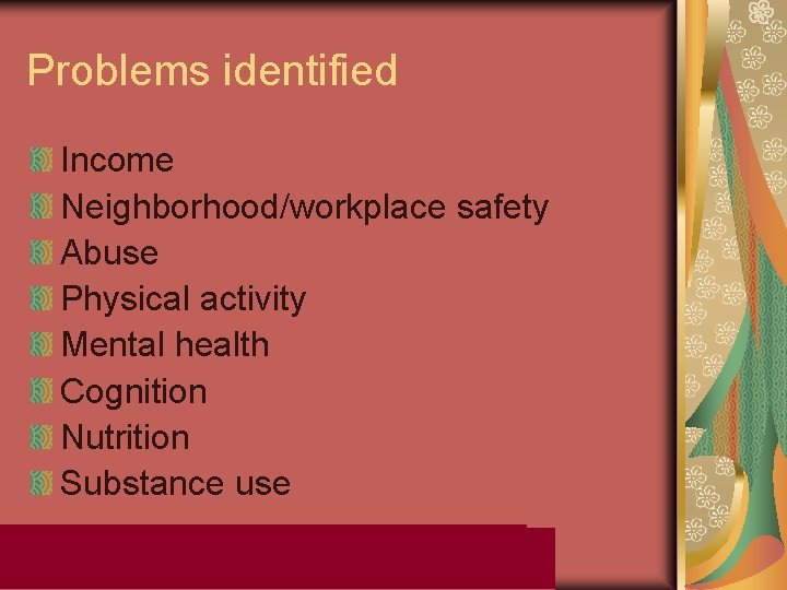 Problems identified Income Neighborhood/workplace safety Abuse Physical activity Mental health Cognition Nutrition Substance use