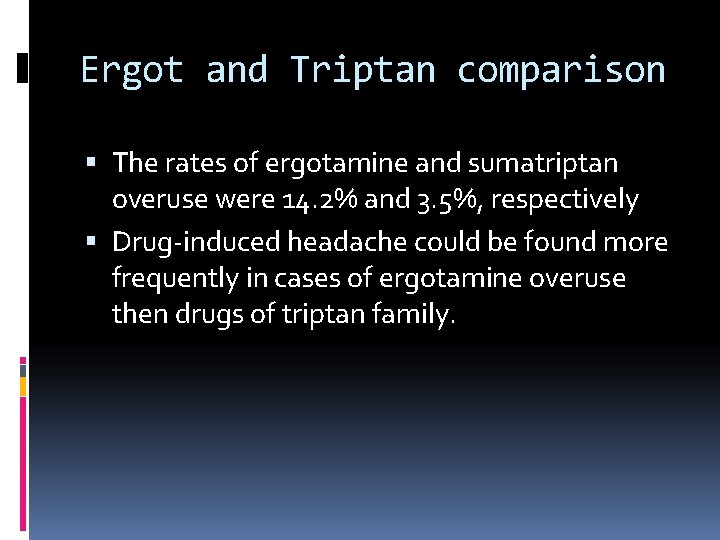 Ergot and Triptan comparison The rates of ergotamine and sumatriptan overuse were 14. 2%