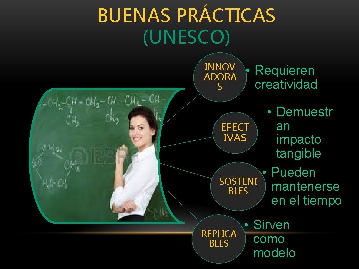 BUENAS PRÁCTICAS (UNESCO) INNOV ADORA S • Requieren creatividad EFECT IVAS SOSTENI BLES REPLICA