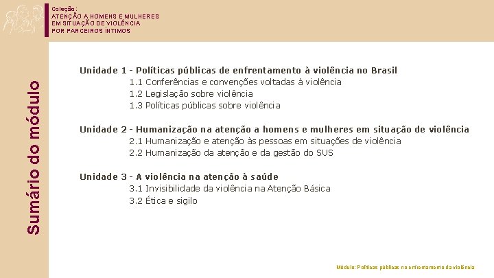 Sumário do módulo Coleção: ATENÇÃO A HOMENS E MULHERES EM SITUAÇÃO DE VIOLÊNCIA POR