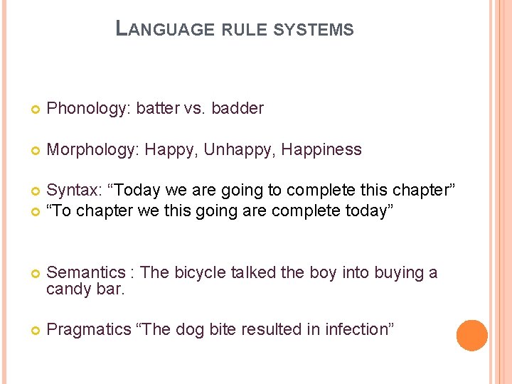 LANGUAGE RULE SYSTEMS Phonology: batter vs. badder Morphology: Happy, Unhappy, Happiness Syntax: “Today we