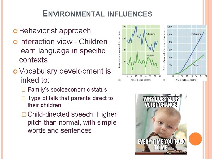 ENVIRONMENTAL INFLUENCES Behaviorist approach Interaction view - Children learn language in specific contexts Vocabulary