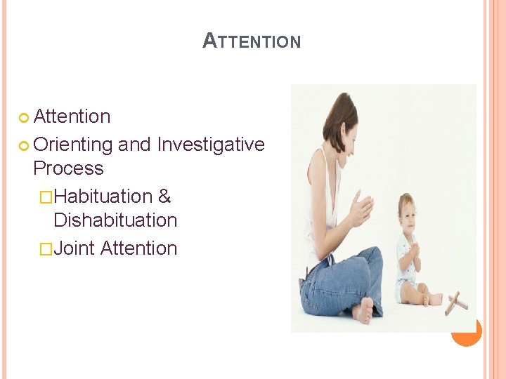 ATTENTION Attention Orienting and Investigative Process �Habituation & Dishabituation �Joint Attention 