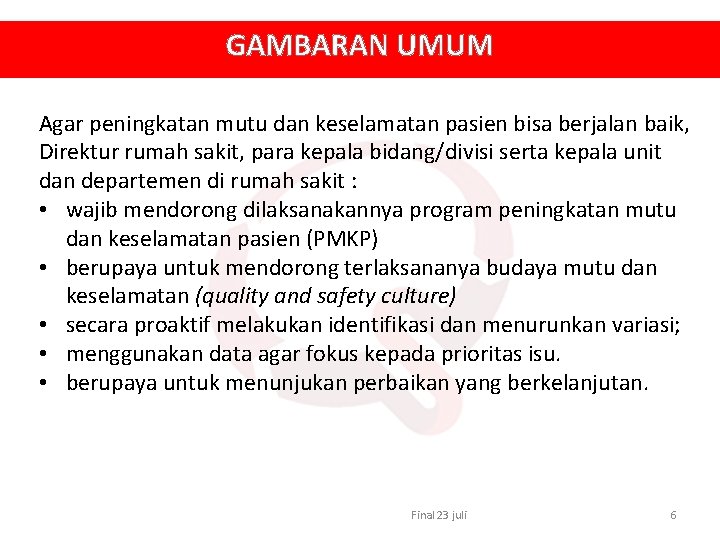 GAMBARAN UMUM Agar peningkatan mutu dan keselamatan pasien bisa berjalan baik, Direktur rumah sakit,