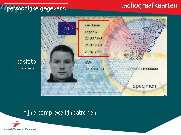 persoonlijke gegevens pasfoto m. u. v. bedrijfskaart fijne complexe lijnpatronen tachograafkaarten 