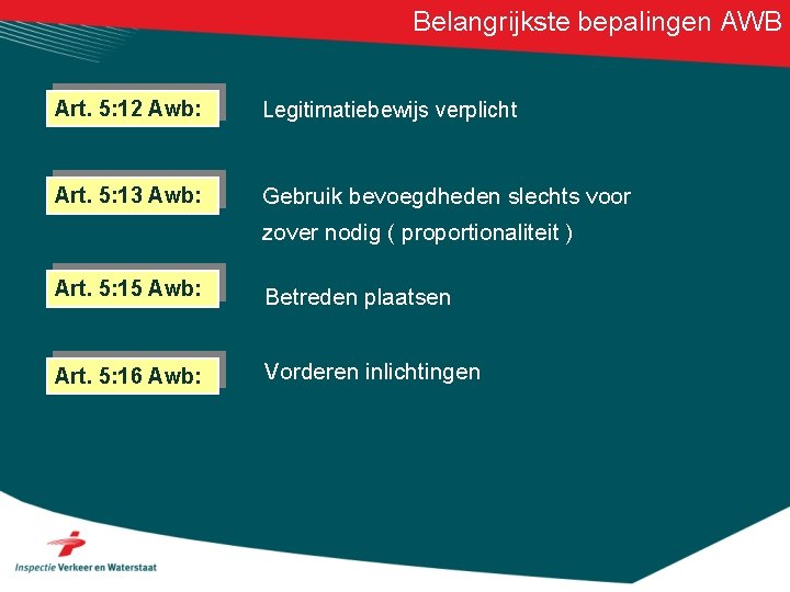 Belangrijkste bepalingen AWB Art. 5: 12 Awb: Legitimatiebewijs verplicht Art. 5: 13 Awb: Gebruik