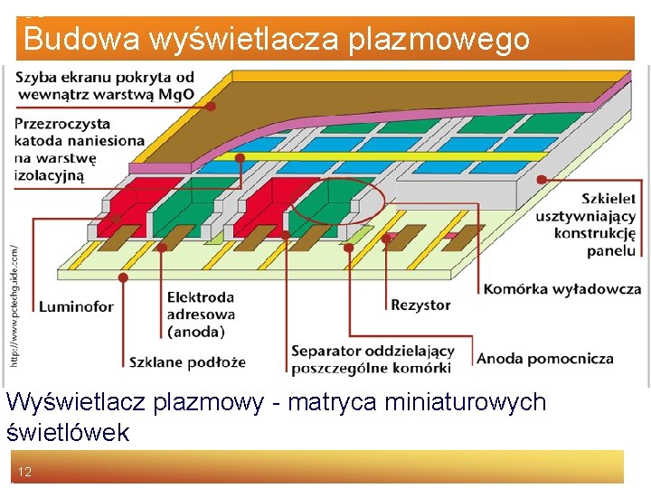 Budowa wyświetlacza plazmowego Wyświetlacz plazmowy - matryca miniaturowych świetlówek 12 